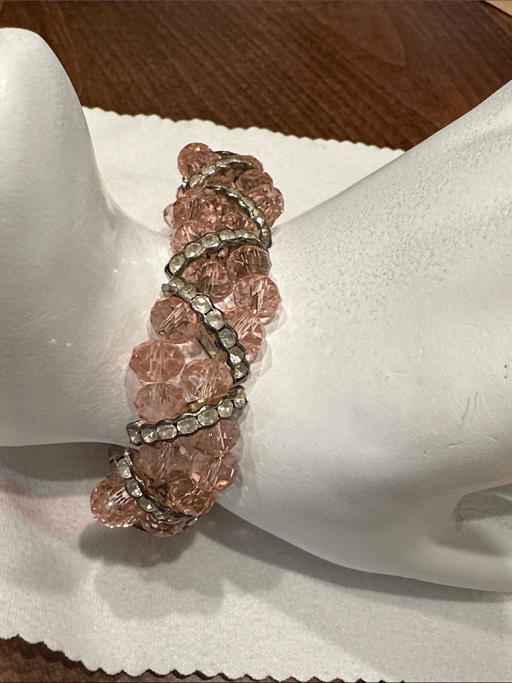 Vintage Pink Crystal Beaded Bracelet with Rhinestone Accent